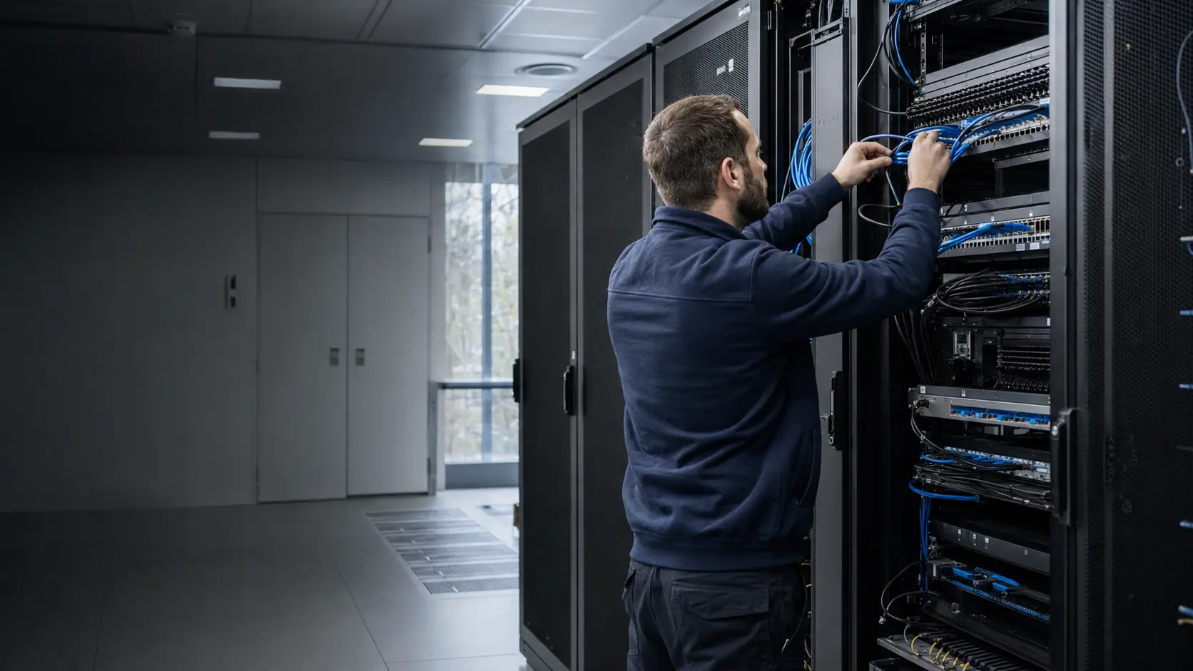 Netwerkengineer aan het werk in een serverruimte